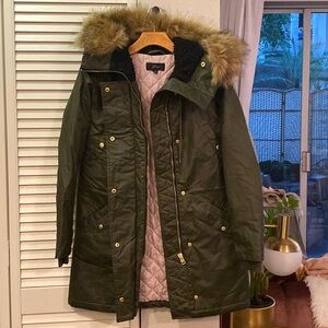 J Crew faux fur hooded coat. Great condition. Size xxs